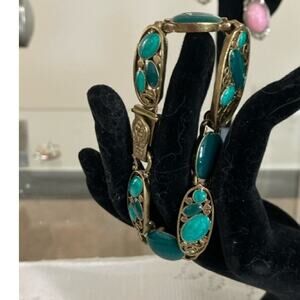 VTG Bracelet Blue and Green Enameled Pewter Tone